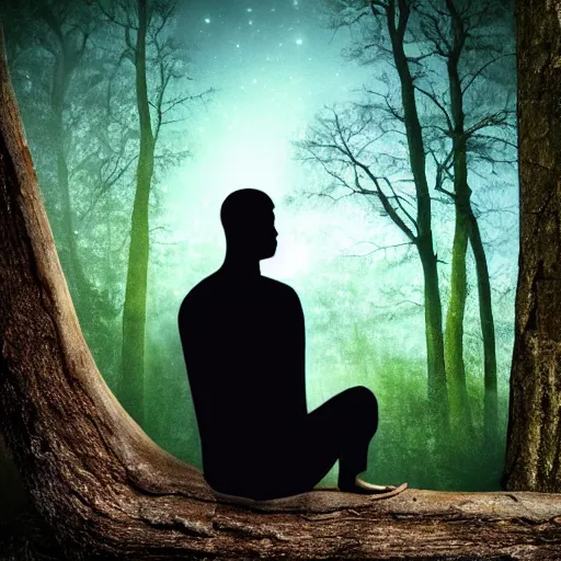 Prompt: man sitting on a tree trunk in a forest crying, moody, dark, night, blue mist, moonlight, surrealist