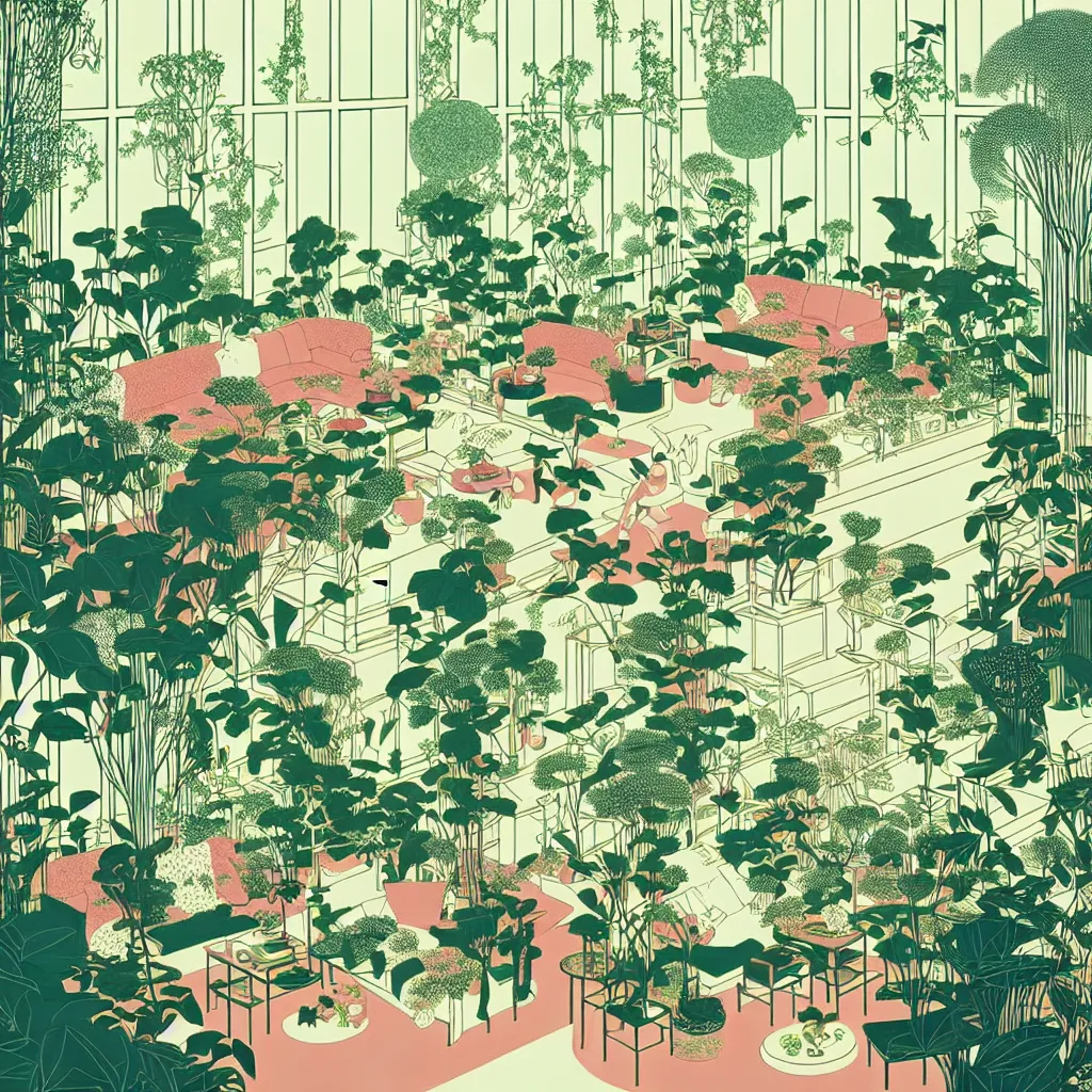 Image similar to luxury living room full of plants and trees by victo ngai