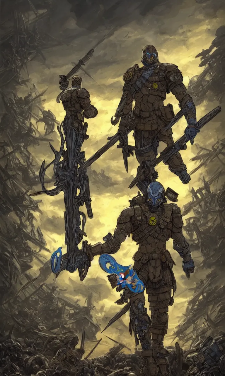 Prompt: a distant shot of a super soldier with blue and yellow flag and a trident symbol standing alone on a huge pile of skulls as a winner, masculine figure, D&D, fantasy, intricate, elegant, highly detailed, extremely detailed, digital painting, artstation, concept art, matte, smooth, sharp focus, illustration, art by Artgerm and Greg Rutkowski and Alphonse Mucha