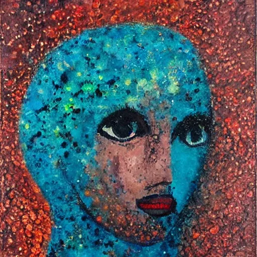 Prompt: a palette knife painting of the head of teal woman with no facial features with long curly black hair. background is solid mulberry with tiny stars in the background, bokeh