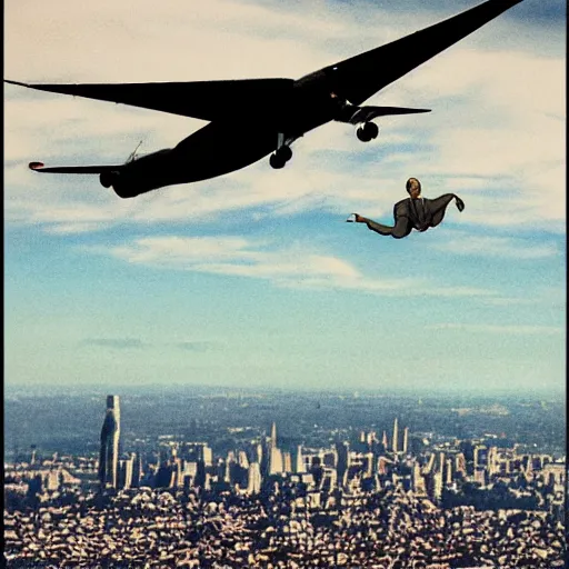 Image similar to huge ugly old man flying above the city