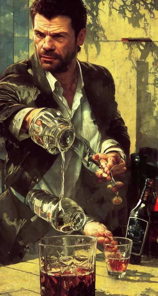 Image similar to close up of max payne pouring a drink, sun shining, photo realistic illustration by greg rutkowski, thomas kindkade, alphonse mucha, loish, norman rockwell.