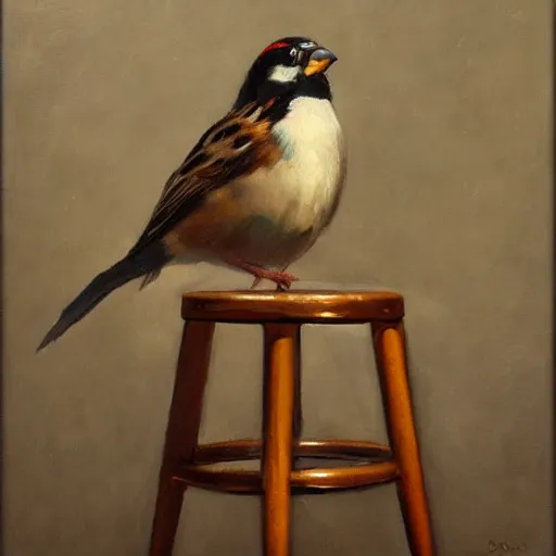 Image similar to an oil painting of a sparrow perched on a chair, highly detailed, oleo, artstation, sharp focus, by diego velazquez