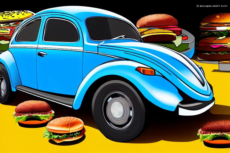 Image similar to a blue beetle car with burgers for wheels, digital art 4 k,