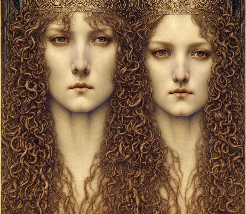 Image similar to detailed realistic beautiful young medieval queen face portrait by jean delville, gustave dore and marco mazzoni, art nouveau, symbolist, visionary, gothic, pre - raphaelite. horizontal symmetry