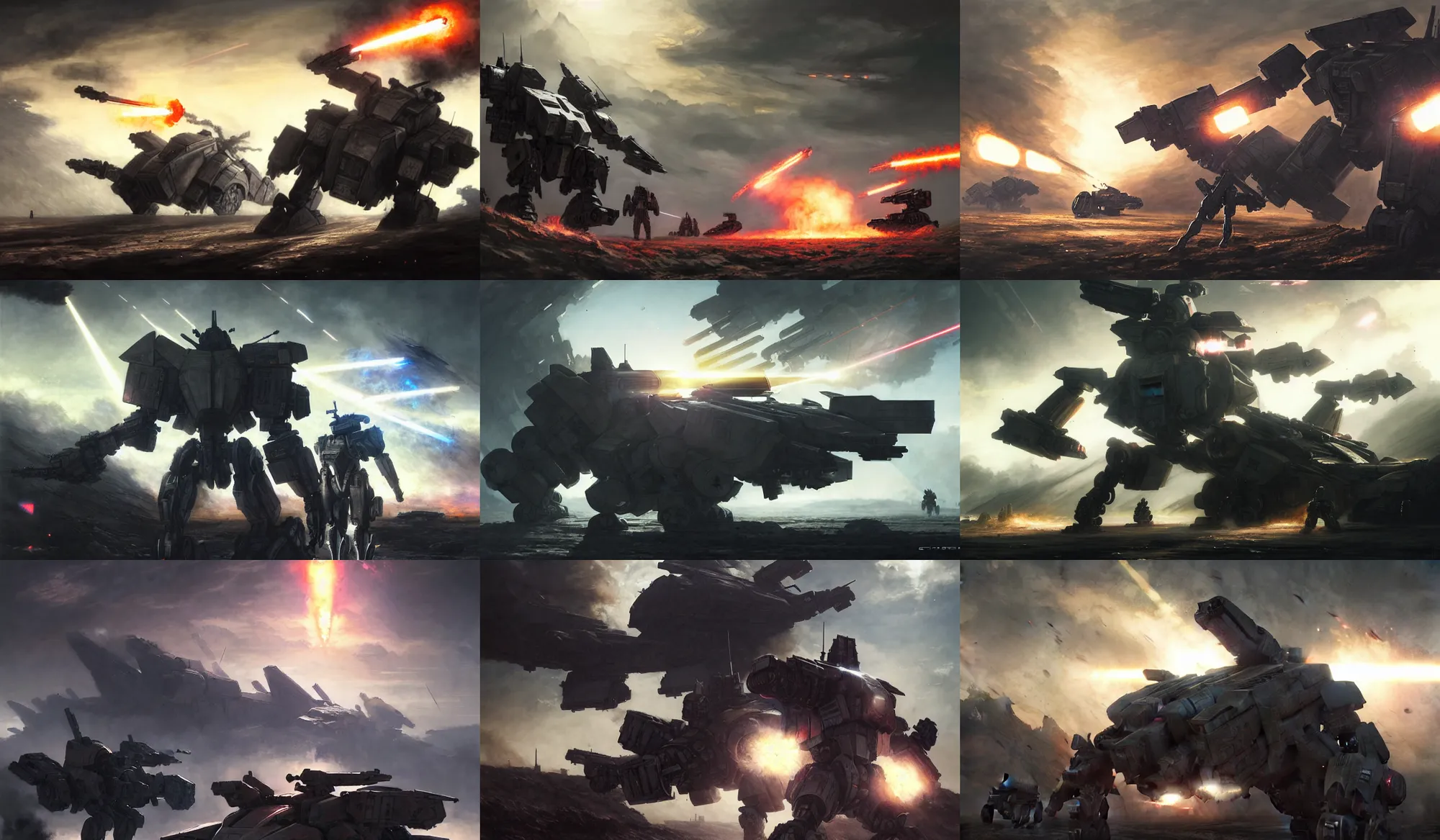 Prompt: an armored core on the ground, booster flares, legs, laser rifles, karst landscape, clouds, daylight ; detailed illustrations, pastel tones, deep colors, clear lines, motion blur, by jordan grimme, greg rutkowski