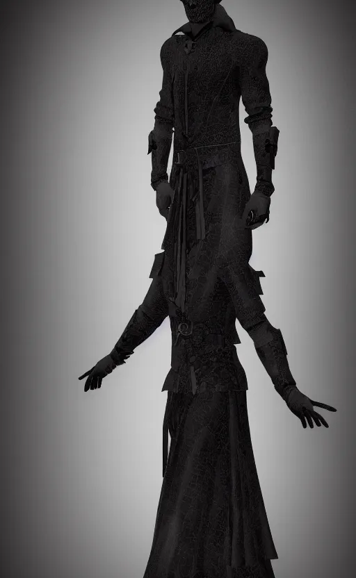 Image similar to male fashion model wearing a gothic dress designed by alexander mcqueen, catwalk, soft ambient lighting, photorealism, unreal engine
