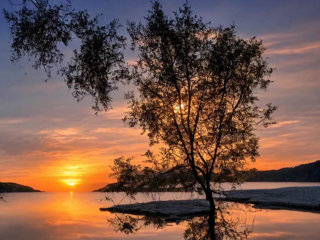 Image similar to a calm, soothing and cozy landscape, sunset, lake