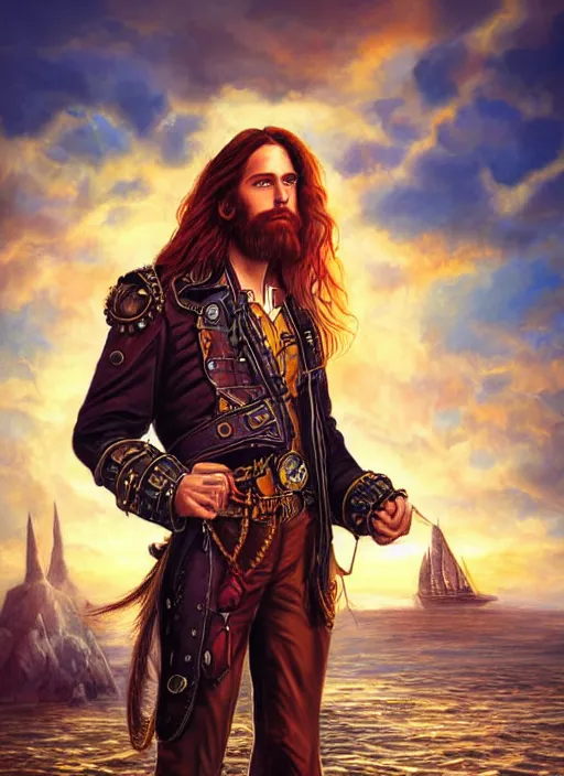 Prompt: portrait painting of a handsome face rugged long hair crimson hair male captain, top half portrait soft hair steampunk ornate mechanical zeppelin airship in the background sky sunset golden hour fantasy rugged book cover art atmospheric lighting art by mullins rutkowski bussiere