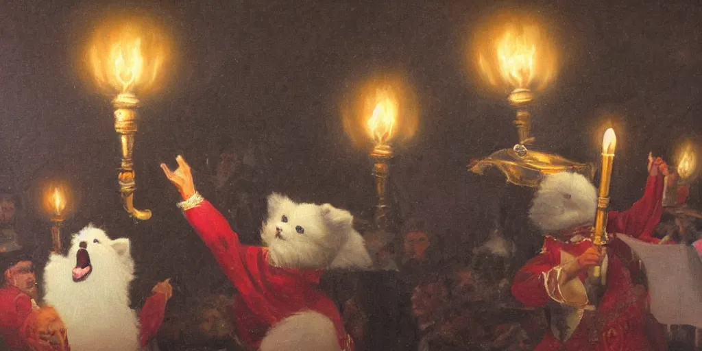 Image similar to Oil painting of cute furry white pomeranian singing opera in theatre, on stage with torches