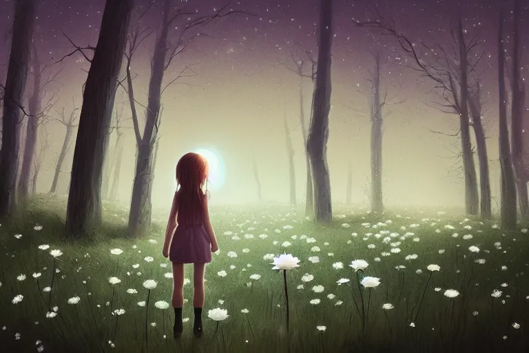 Image similar to giant white daisy flower head, girl walking in dark forest, surreal photography, dark night, stars, moon light, impressionist painting, clouds, digital painting, artstation, simon stalenhag