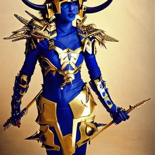 Image similar to a woman in elaborate blue and gold armor with spiked horns on her helmet, cosplay, photoshoot, photograph by Bruce Weber