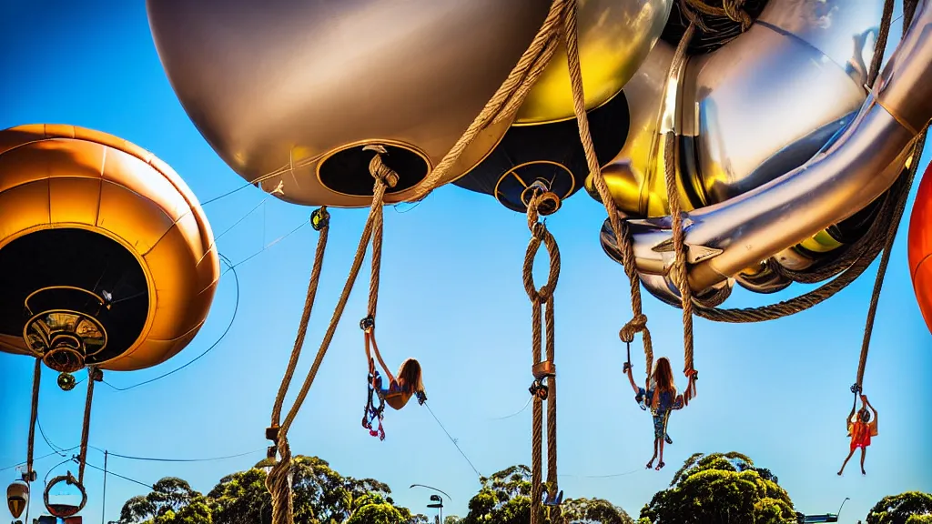 Image similar to large colorful futuristic space age metallic steampunk balloons with pipework and electrical wiring around the outside, and people on rope swings underneath, flying high over the beautiful brisbane in australia city landscape, professional photography, 8 0 mm telephoto lens, realistic, detailed, photorealistic, photojournalism