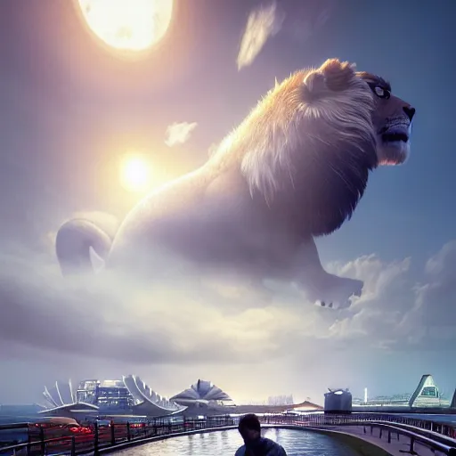 Prompt: Singapore Esplanade, Marina Bay with a lion-head-shaped cloud in the sky and a squadron of chinooks flying in the sky, by greg rutkowski, red and white lighting, digital art, ultra realistic, ultra detailed, photorealistic, 4k, character concept