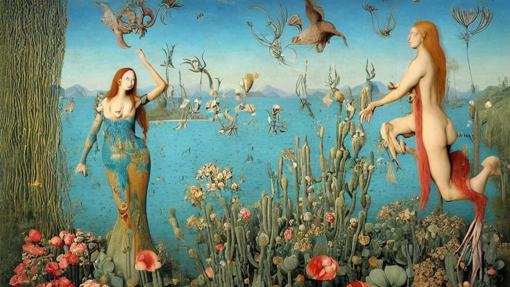 Image similar to a fish eye lense photograph of a meditating harpy mermaid surrounded by towering bulbous flowers. wide landscape with mountains, river delta. clear blue sky with stars. painted by jan van eyck, max ernst, ernst haeckel and ernst fuchs. trending on artstation, 8 k, award winning, fashion editorial, mythology, photorealistic, cacti everywhere