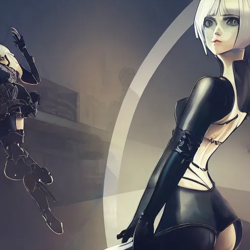 Image similar to illustration gta 5 artwork of 2 b nier automata, in the style of gta cover art, by stephen bliss, trending on artstation, pixiv, 8 k stephen bliss, unreal engine, greg rutkowski, rhads, beeple, ilya kuvshinov, rossdraws, tom bagshaw, alphonse mucha, global illumination, god rays, detailed and intricate environment