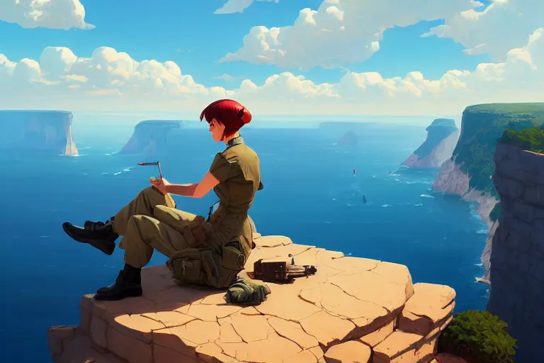 Image similar to a painting of a military woman sitting on a cliff, smoking a cigarette, a character portrait by rhads, makoto shinkai and lois van baarle, ilya kuvshinov, rossdraws global illumination and tom bagshaw, cg society, fantastic realism, intricate, detailed