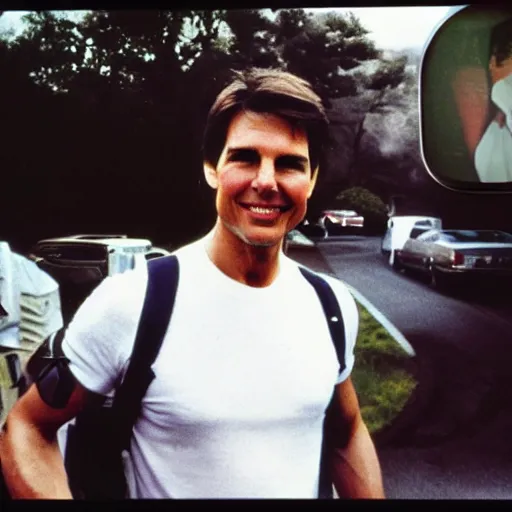 Prompt: Polaroid of Tom Cruise very close to tv 1983