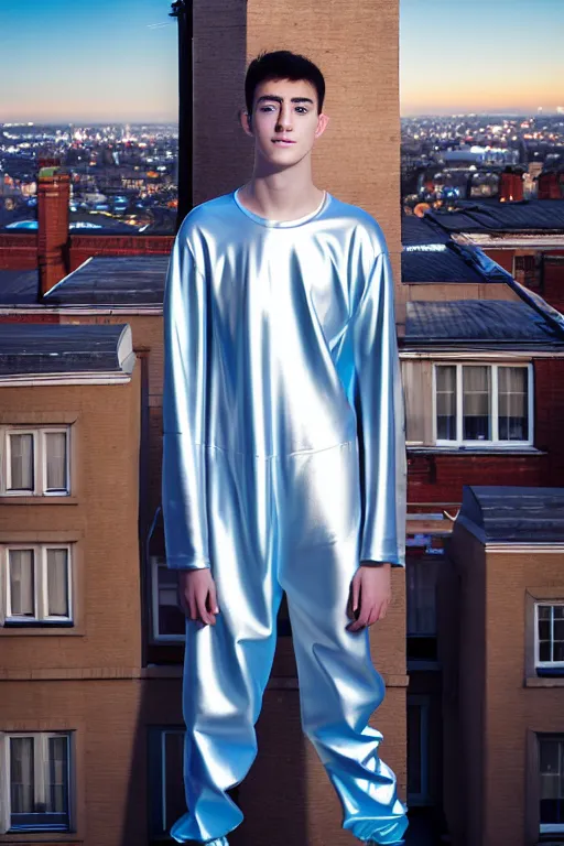 Prompt: un ultra high definition studio quality photographic art portrait of a young man standing on the rooftop of a british apartment building wearing very soft baggy inflated padded silver iridescent pearlescent clothing. three point light. extremely detailed. golden ratio, ray tracing, volumetric light, shallow depth of field. set dressed.