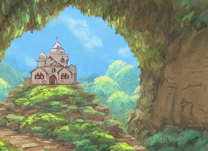 Image similar to view of a monastery on a forested mountain, in the style of studio ghibli, distant, detailed, artstation, award winning painting,