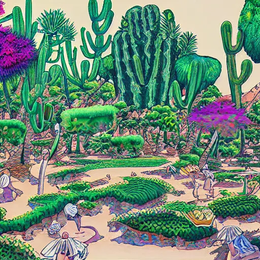 Prompt: a beautiful painting of a desert oasis paradise by hirohiko araki, detailed line art, jojos bizarre adventure