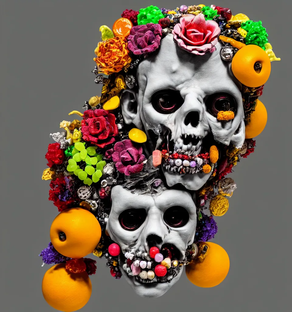 Image similar to headshot of a zombie punk rock star, head made of fruit gems and flowers in the style of arcimboldo, fragonard, photorealistic, dynamic lighting, action figure, clay sculpture, claymation, gray blue and yellow, stage spotlight lighting