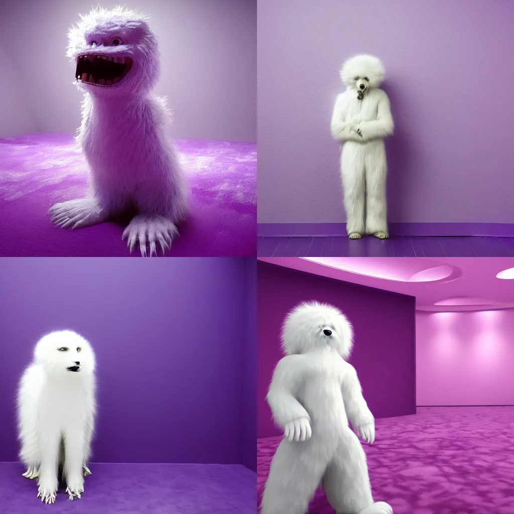 Image similar to A photo of a white fur monster standing in a purple room