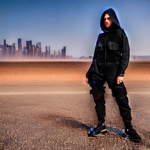 Image similar to photograph of a techwear woman, closeup, on a desert road with a futuristic city in the horizon, sigma 85mm f/1.4, 4k, depth of field, high resolution, 4k, 8k, hd, full color