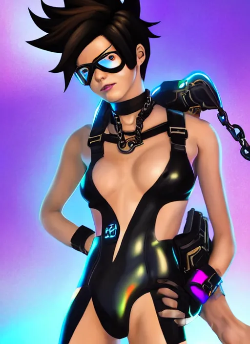 Image similar to full body digital artwork of tracer overwatch, wearing black iridescent rainbow latex bikini, 4 k, expressive happy smug expression, makeup, in style of mark arian, wearing detailed black leather collar, wearing chains, black leather harness, leather cuffs around wrists, detailed face and eyes,