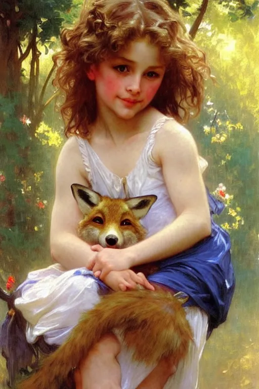 Image similar to a seven - year old with curly dirty blonde hair, blue eyes, tan skin playing with foxes, painting by daniel gerhartz, alphonse mucha, bouguereau, detailed art, artstation