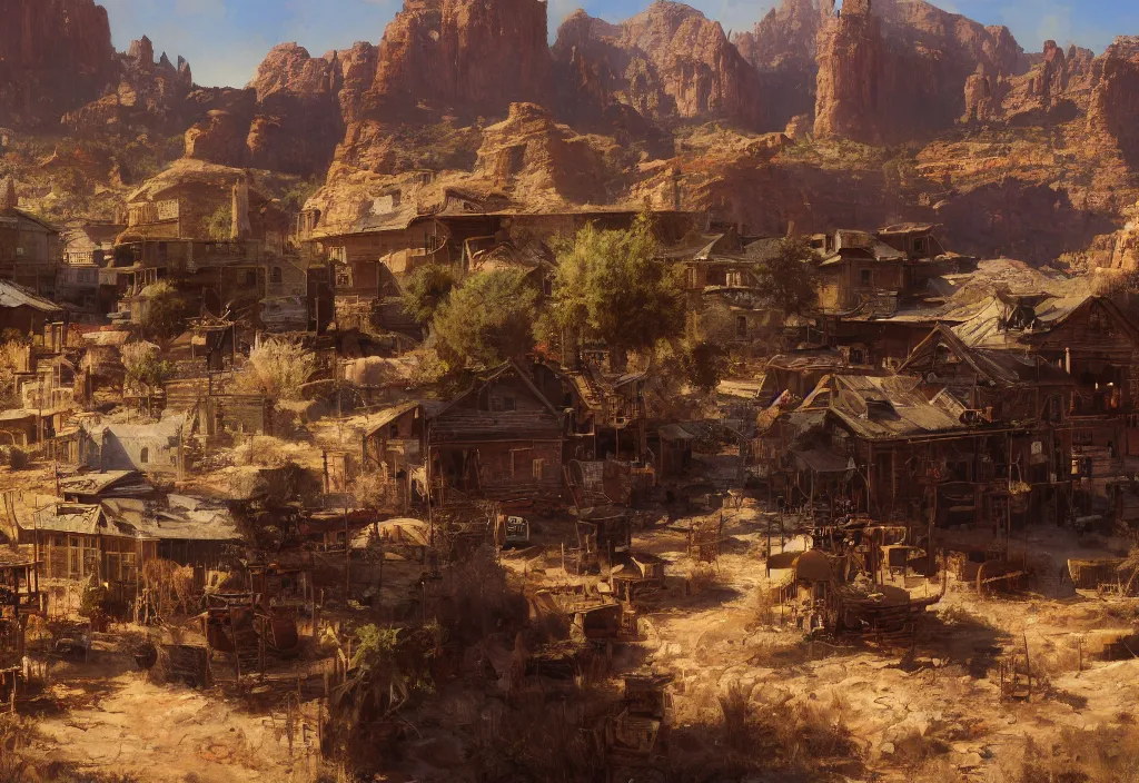 Image similar to a 1 9 th century old west far west small town in a stunning landscape by craig mullins, oil on canvas big brushstrokes, line art, winning - award masterpiece, fantastic, octane render, 8 k hd resolution, high quality image