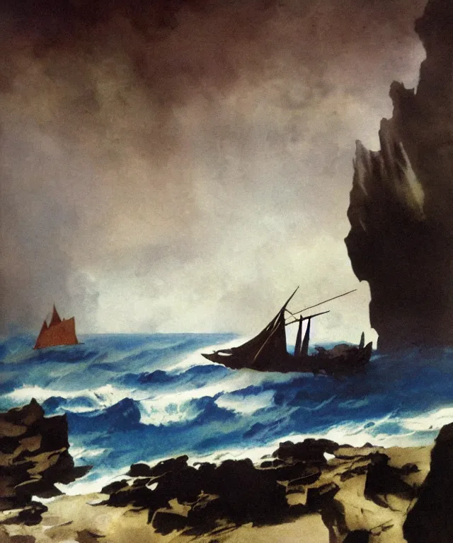 Image similar to photorealistic mixed - media painting of a 1 9 2 5 seiner sailing near a short tropical cliff with the mouth of a sea cave at the waterline, dark, brooding, atmospheric, lovecraft, horror, smooth, epic, highly detailed, cinematic, by frank frazetta