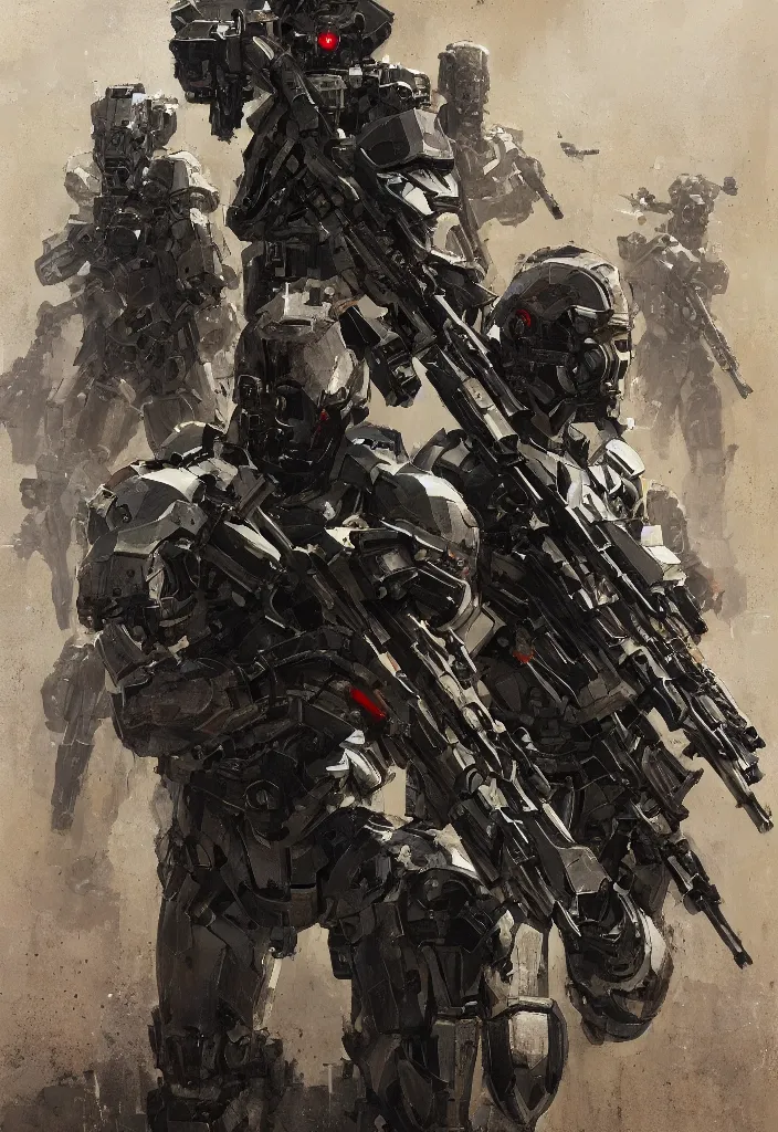 Image similar to Cybernetic soldiers holding their pistol to each other's heads in a Mexican standoff, by Greg Rutkowski, hyper detailed modern European ink painting, symmetry, a masterpiece, inspired by Metal Gear Solid