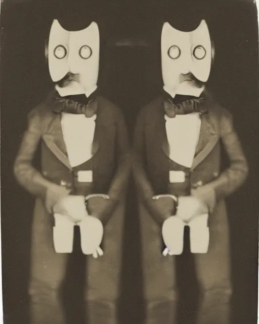 Image similar to portraits of anthropomorphic robot in black tie suit by Louis Daguerre