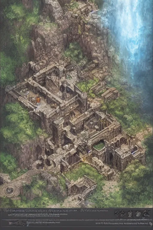 Prompt: a D&D fantasy tabletop game dungeon map with rooms, barracks, halls, with connecting caverns where at the end an ominous waterfall and pool reside, high quality, hd, realistic, by WOTC, Roll20, Wonderdraft, Craig Mullins, John Howe, trending on artstation