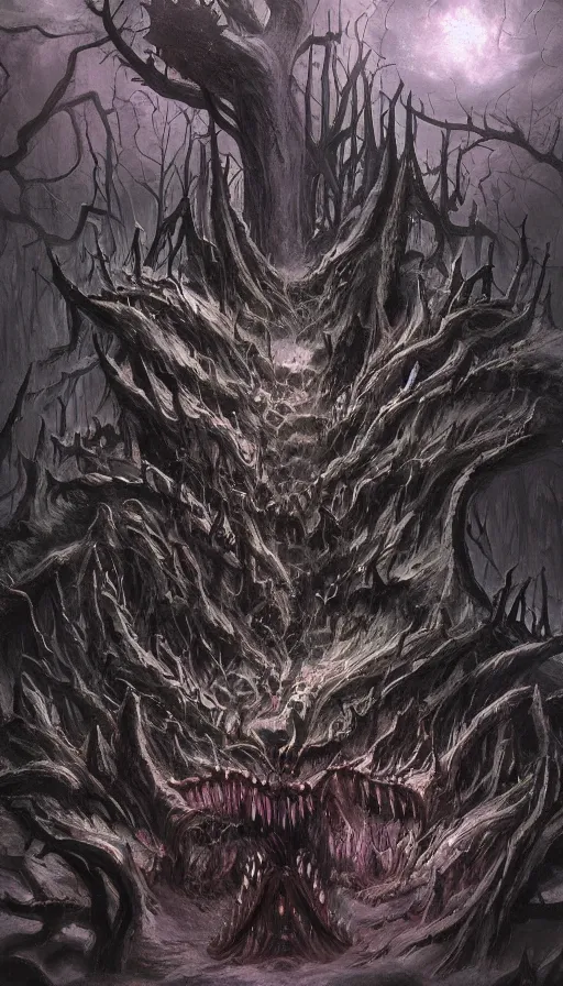 Prompt: a storm vortex made of many demonic eyes and teeth over a forest, by d & d concept artists