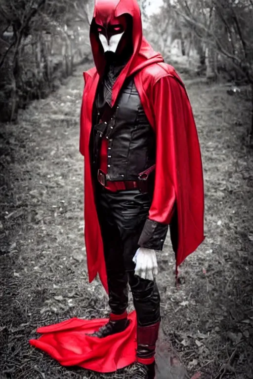 Image similar to red hood cosplay, creepy