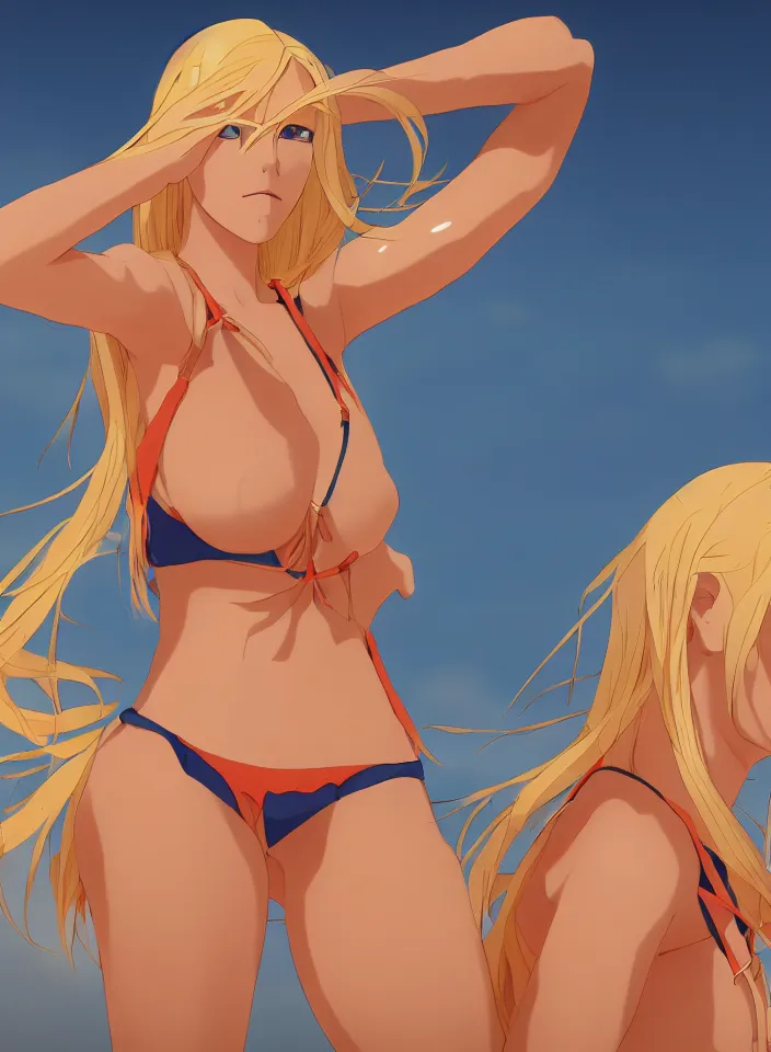 Image similar to beautiful blond woman in orange tribal bikini, long blond hair behind the ear, by makoto shinkai, 8 k, high resolution render, cinematic color grading, clean lineart and flat color,