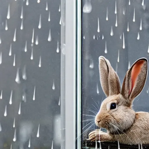 Image similar to a rabbit sits in a window, in paris, it's raining outside, there's raindrops on the window, The eiffel tower is visible out the window, it's evening