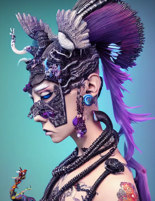 Image similar to 3 d goddess close - up profile portrait punk with mohawk with ram skull. beautiful intricately detailed japanese crow kitsune mask and clasical japanese kimono. betta fish, jellyfish phoenix, bio luminescent, plasma, ice, water, wind, creature, artwork by tooth wu and wlop and beeple and greg rutkowski