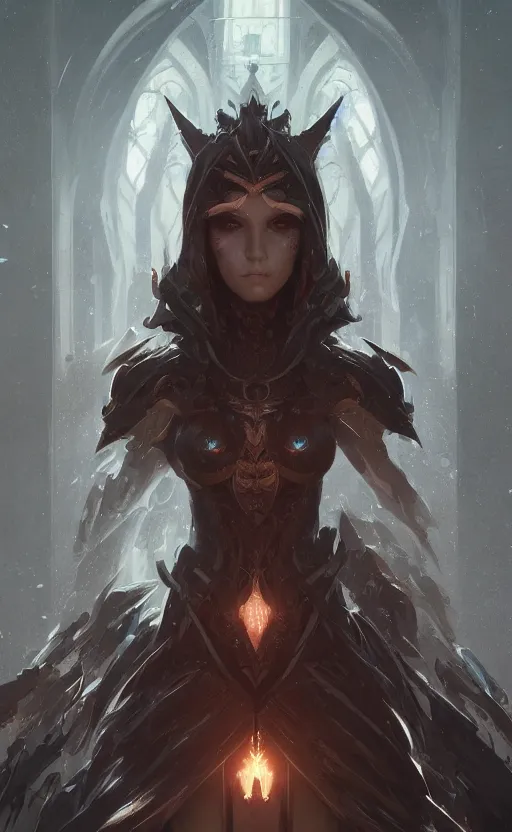 Image similar to female archfiend, flawless symmetrical pretty cute face, greg rutkowski, 8 k, shallow depth of field, intricate detail, concept art,