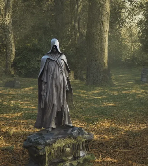 Image similar to weeping grim reaper statue in graveyard surrounded by beautiful forest, grainy film photo, cgsociety, octane render, trending on artstation, artstationHD, artstationHQ, unreal engine, 4k, 8k