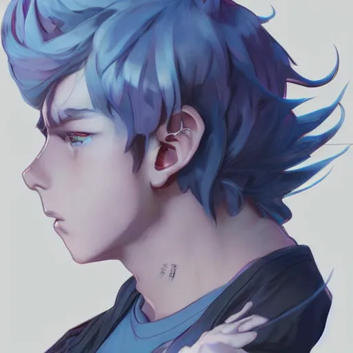 Image similar to small boy with back hair and blue purple eye, school uniform, anime style, hyper detailed, illustration, digital painting, art by artgerm and greg rutkowski and alphonse mucha, high delicate defined details, anime stylized, highly detailed