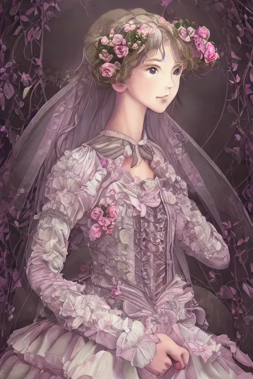 Prompt: a beautiful hyperdetailed portrait render of absolutely beautiful princess that wear rose flower wedding gothic lolita dress clothing stay in blooming flower house alone, finely detailed perfect face delicate features directed gaze, dazzling light beam penetrated through the window, perfectly shaded, atmospheric lighting, style of makoto shinkai, raphael lacoste, louis comfort tiffany, artgerm, james jean, ross tran