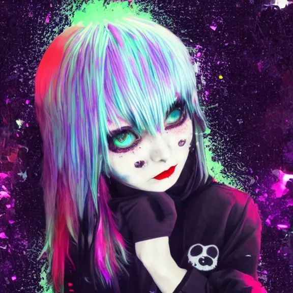 Image similar to photo of a emo manic pixie dream girl, 8k, portrait | sanrio glitchcore yokai girl, shadowverse character concept, found footage horror, glitter gif