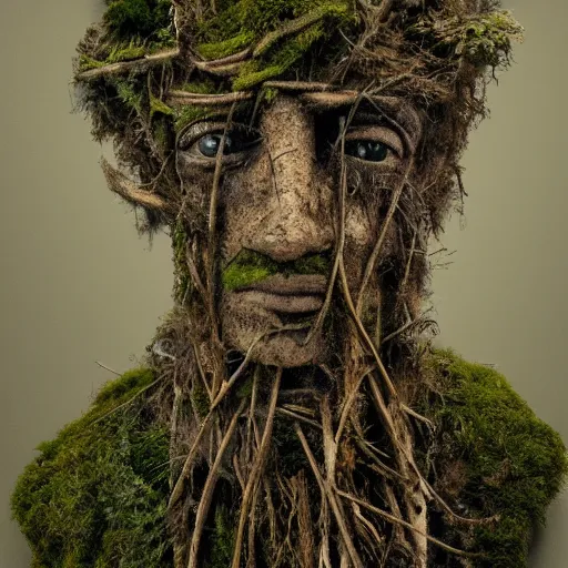 Image similar to a portrait of a man made from roots and sticks, ferns, moss, hollow eyes, highly detailed, 4k, eerie