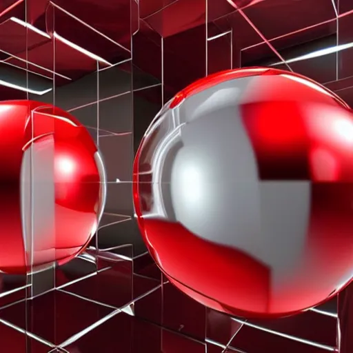 Prompt: chrome spheres on a red cube, ray tracing