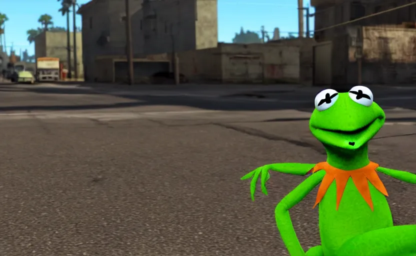 Prompt: kermit the frog in gta san andreas, cinematic shot, 4 k