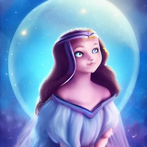 Prompt: a princess ruling over the milky way, 4K, beautiful, space, magical, cute, realistic, artstation, face, eyes, smiling