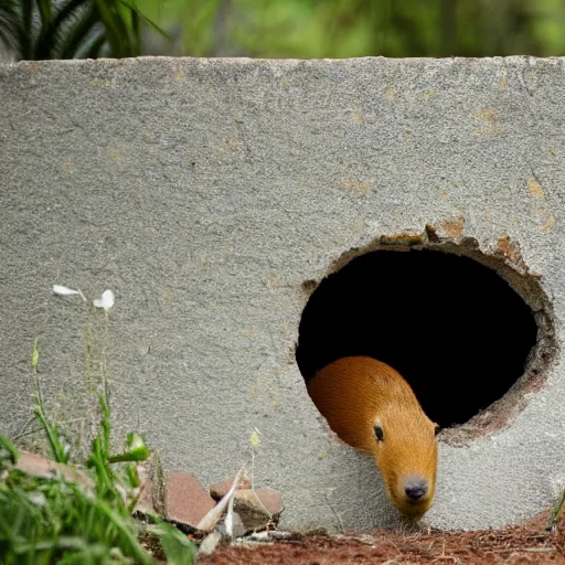 Prompt: a picture of a hole in a wall, a capybara emerges from the hole